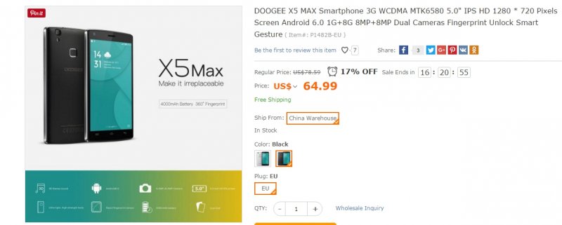 Doogee X5 Max    4000    $59,99   TomTop.com