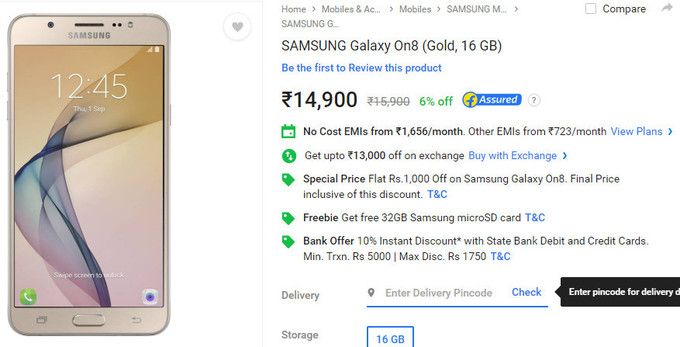 Samsung Galaxy On8   $225     